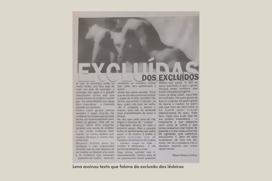 Nesta imagem é possível encontrar a página do texto Excluídas dos excluídos, de Maria Helena de Freitas, publicado em 1997 no Babado. Ocupando uma pequena porção da página o texto é encabeçado por uma imagem em preto e branco de duas mulheres brancas nuas uma em cima da outra.